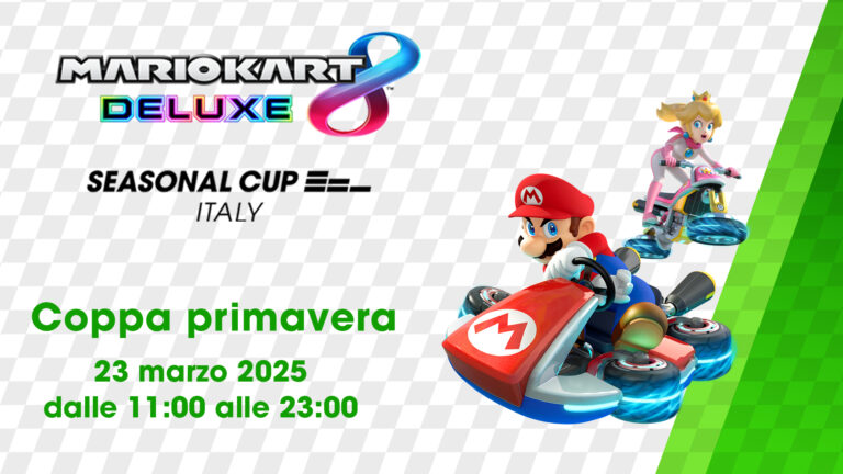 Logo ufficiale del Mario Kart 8 Deluxe Seasonal Circuit Italy, il torneo competitivo dedicato ai fan di Mario Kart 8 Deluxe su Nintendo Switch. L'evento vede sfidarsi giocatori da tutta Italia in gare emozionanti tra derapate, scorciatoie e power-up. Scopri di più sull'evento e sulle classifiche!