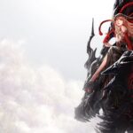 Illustrazione fantasy con una giovane donna e un drago nero e rosso