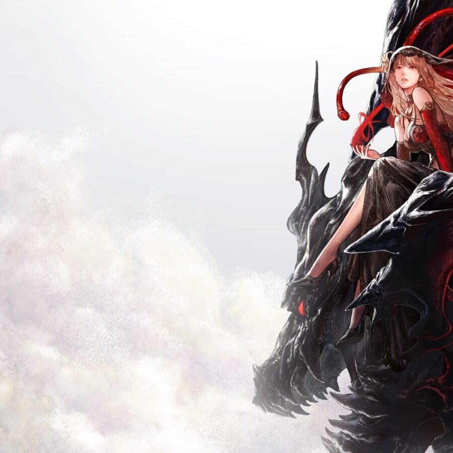 Illustrazione fantasy con una giovane donna e un drago nero e rosso