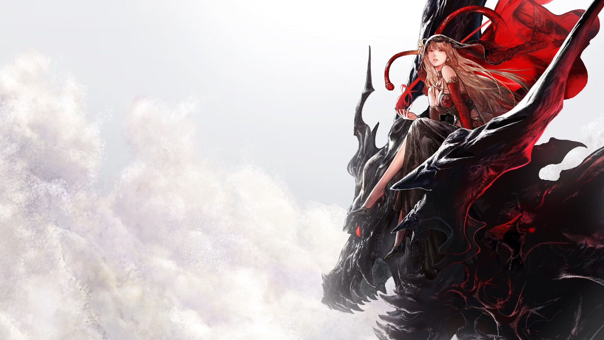 Illustrazione fantasy con una giovane donna e un drago nero e rosso